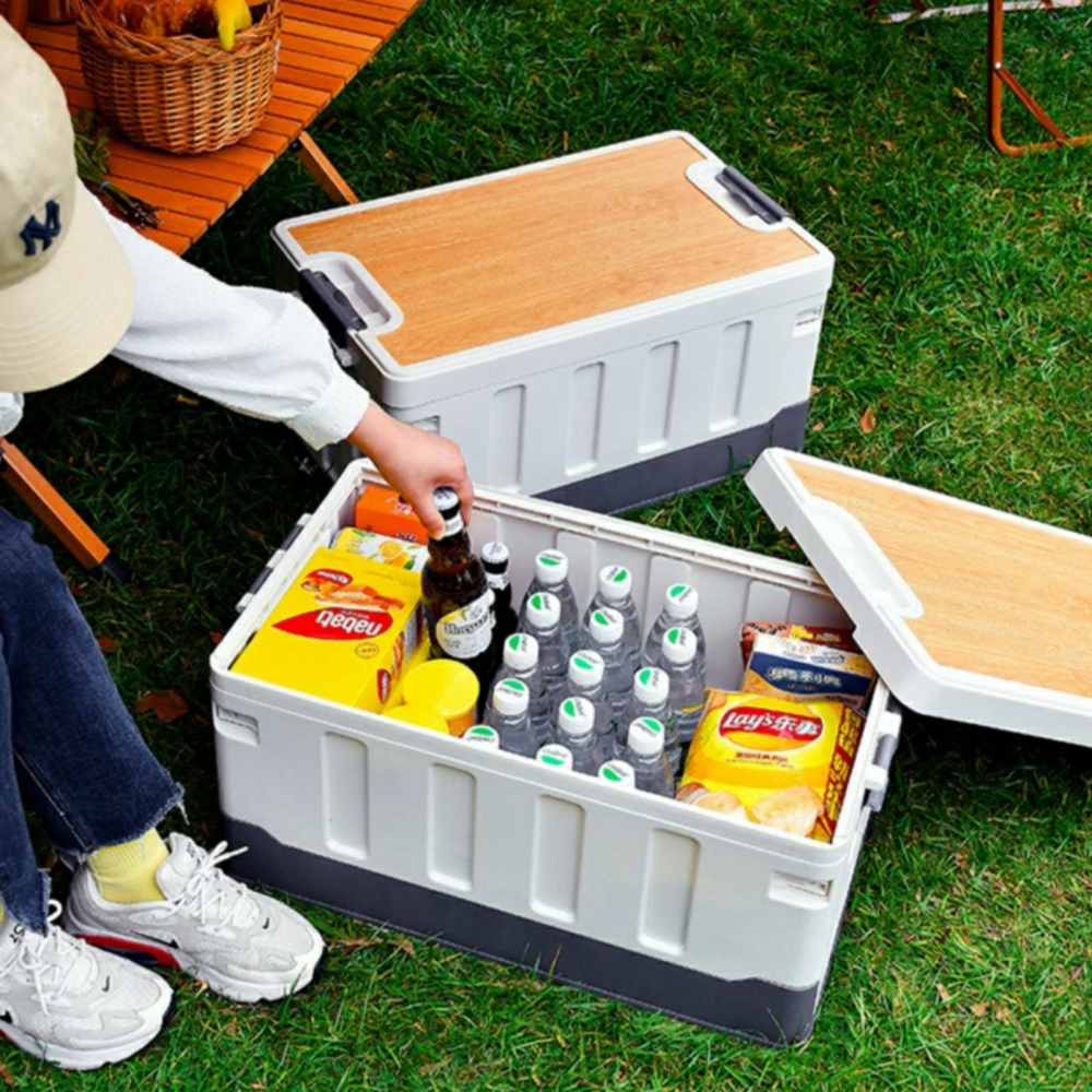 Ящик для кемпинга Folding Box 60л 59x36x29см с деревянной крышкой, белій, серый